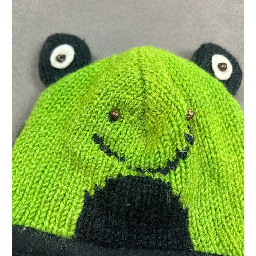 Wool Knit Frog Hat Winter Beanie Green Black Kids Youth CUTE Nepal